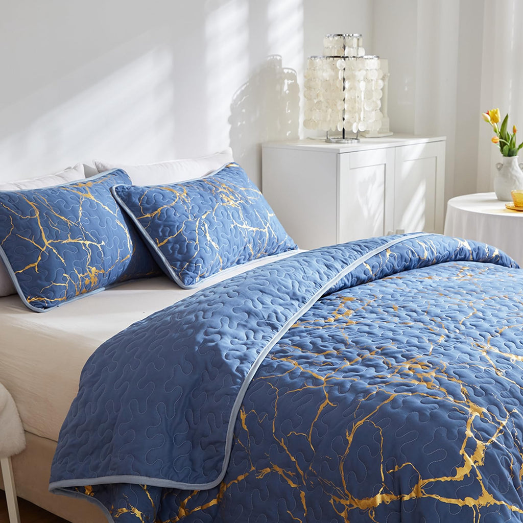 HAVOP King Size Blue Gold Marble Quilted Bedspread Microfiber Bedding Set