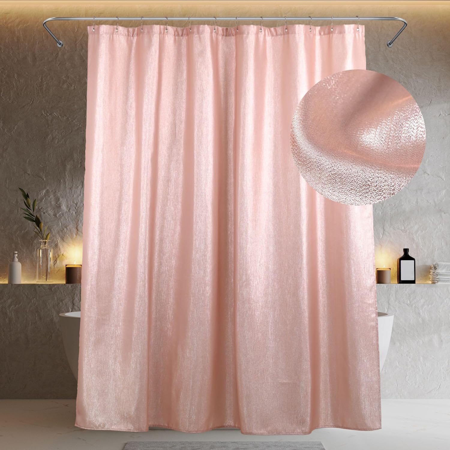 PopKozzi Blush Pink Glitter Shower Curtain – Metallic Shimmer Water Repellent