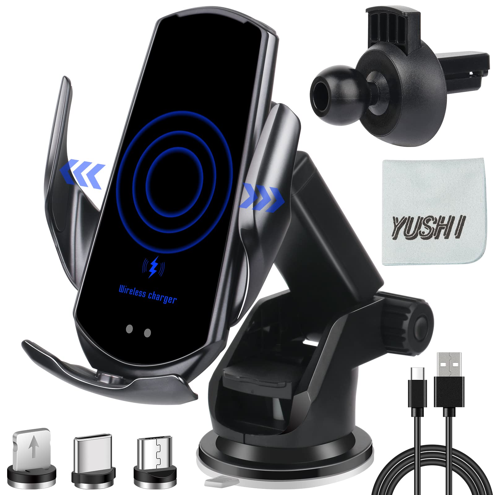 YUSHIHU 15W Wireless Car Charger – Auto-Clamping Phone Mount Holder