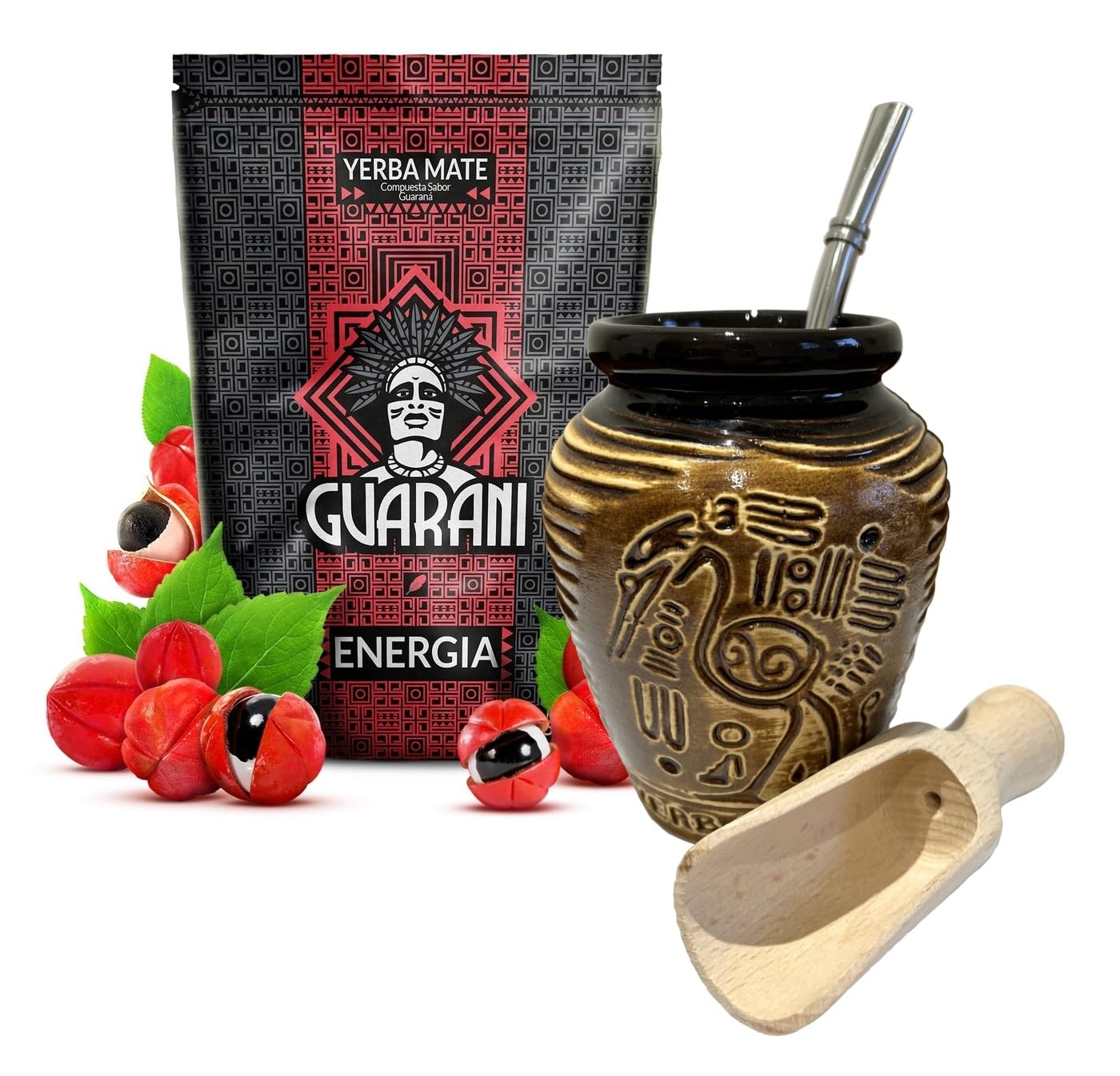 Guarani Yerba Mate Tea Set - Energy Booster Kit with Gourd and Bombilla