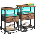 LED Bedside Table Set of 2 with Charging Station - Rustic Brown
