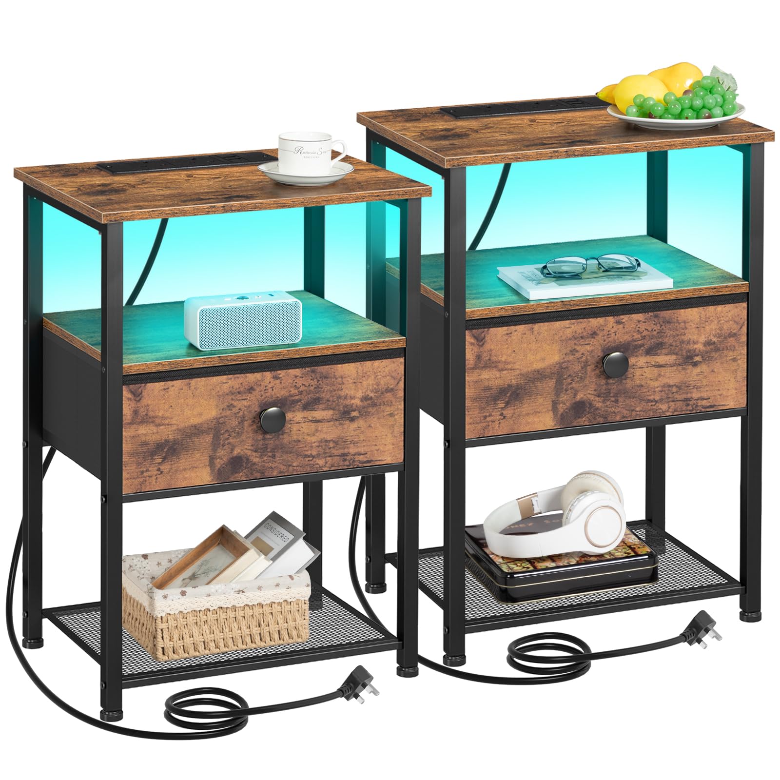LED Bedside Table Set of 2 with Charging Station - Rustic Brown
