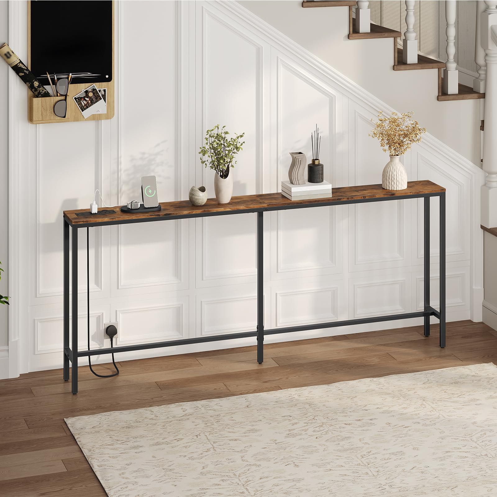 MAHANCRIS 200cm Narrow Console Table with Power Outlet | Industrial Brown