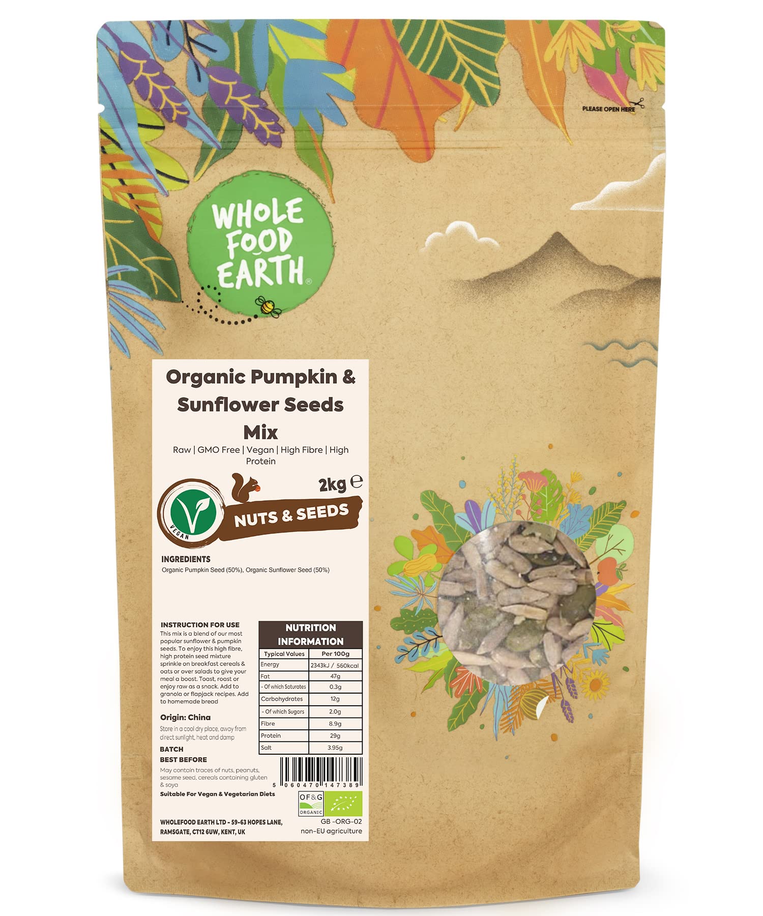 Wholefood Earth Organic Pumpkin & Sunflower Seeds Mix - Raw Vegan - 2kg