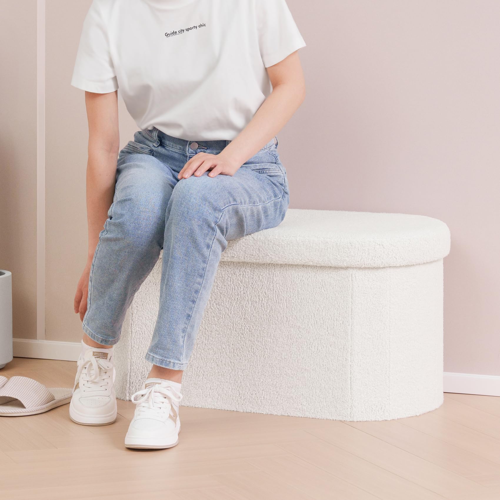 Bonlife White Boucle Folding Ottoman Storage Bench – 76cm Oval Footstool