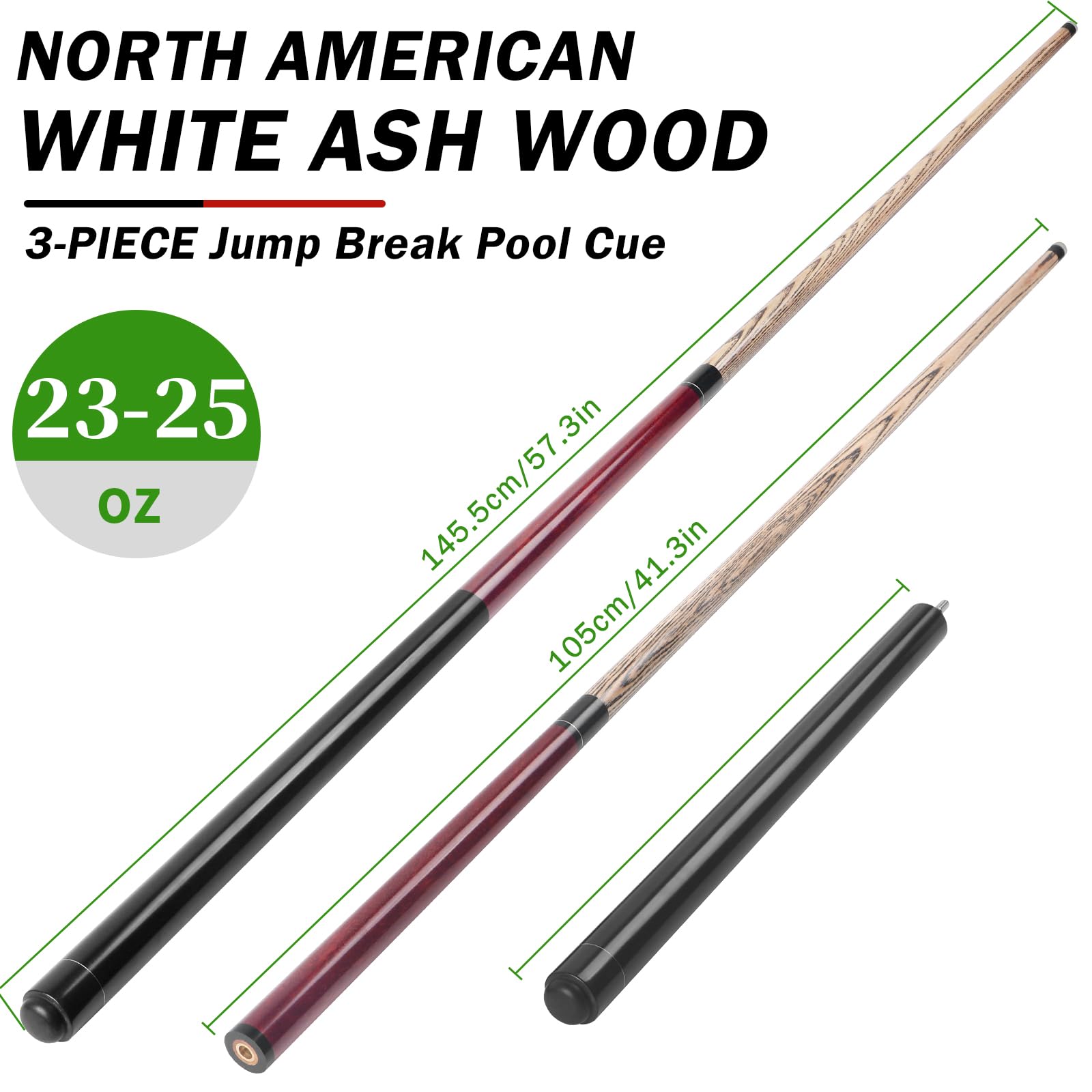Aklot Heavy Jump Break Pool Cue | 23-25oz Ash Wood Stick | 14mm Tip
