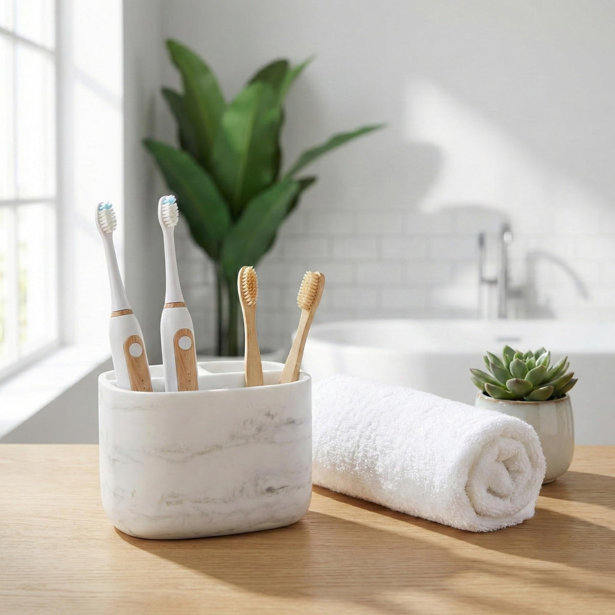 Electric Toothbrush Holder 3 Compartments, White Marble Effect - image 4