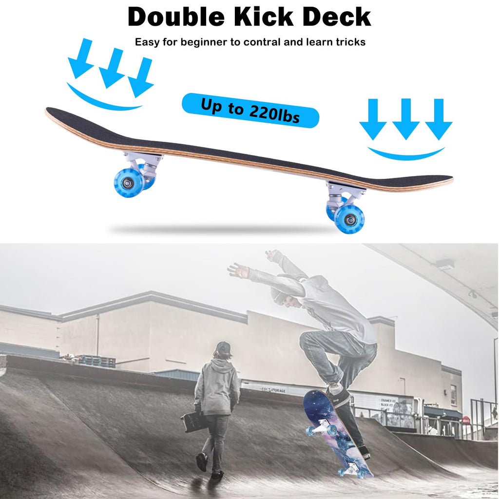 CLYCTIP Complete Skateboard | 31x8 Inch 8-Layer Maple Double Kick Blue