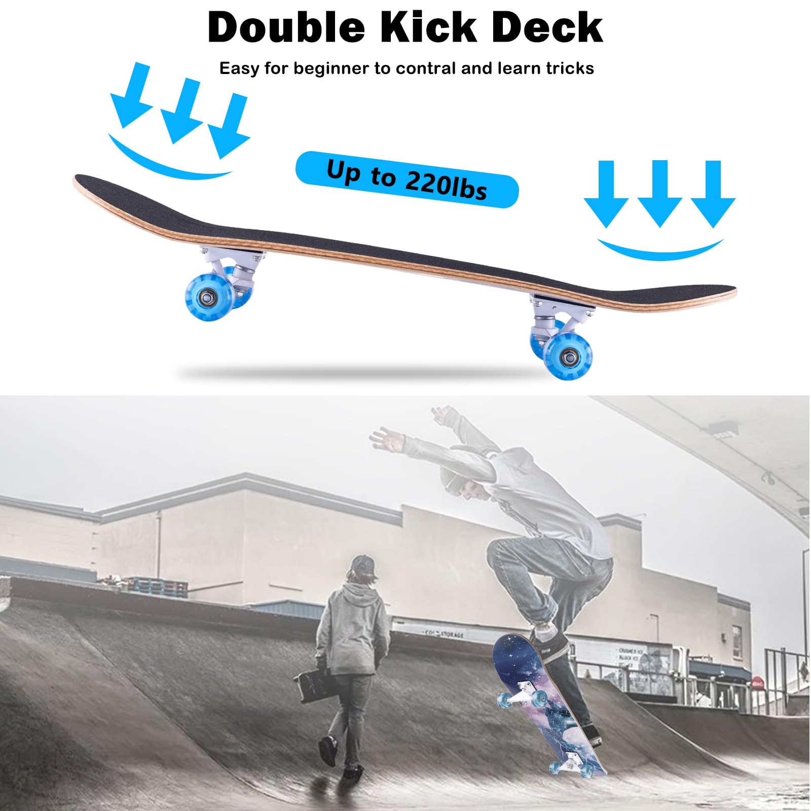 CLYCTIP Complete Skateboard | 31x8 Inch 8-Layer Maple Double Kick Blue