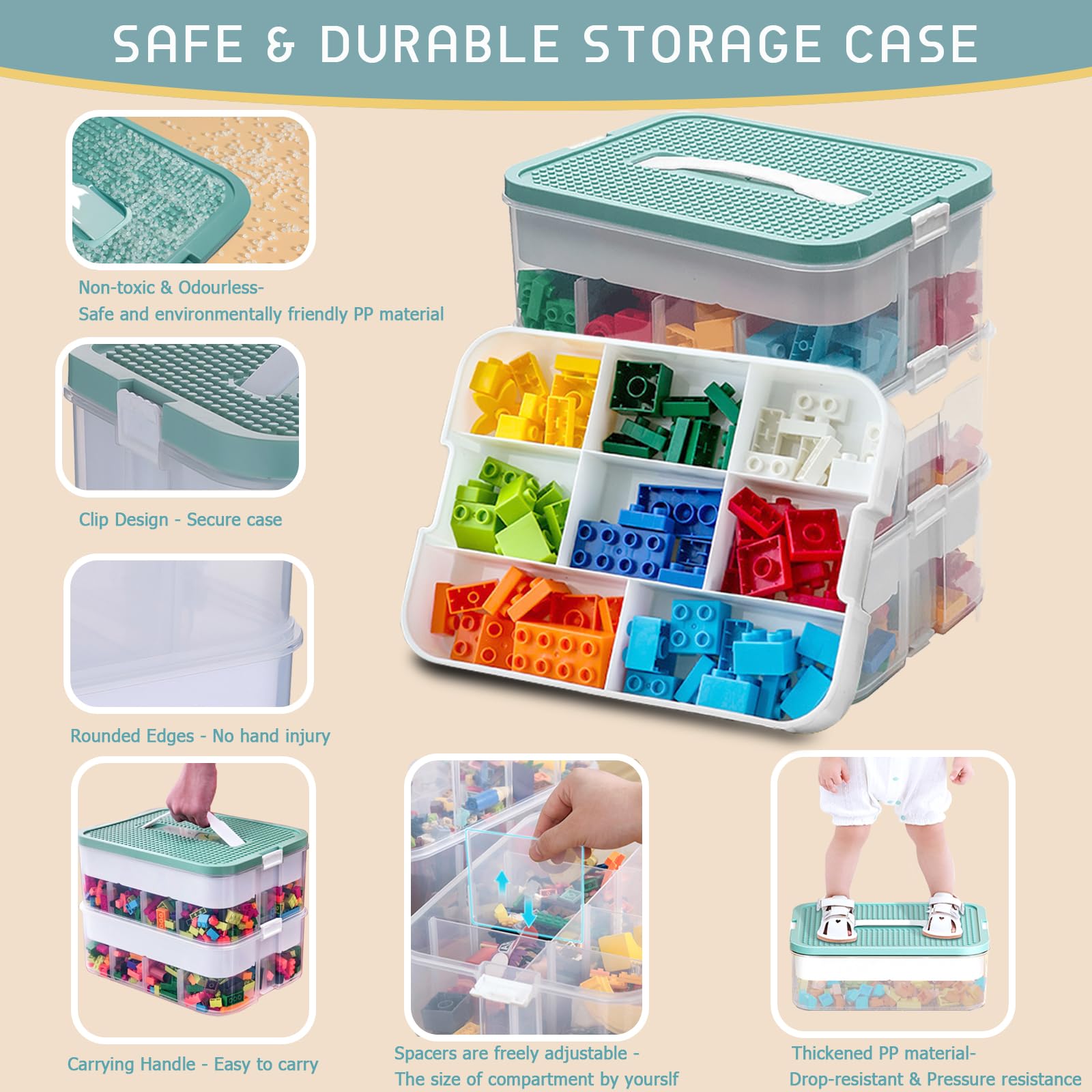 Jolof Store 3-Layer Stackable Toy Storage Box with Building Block Baseplate