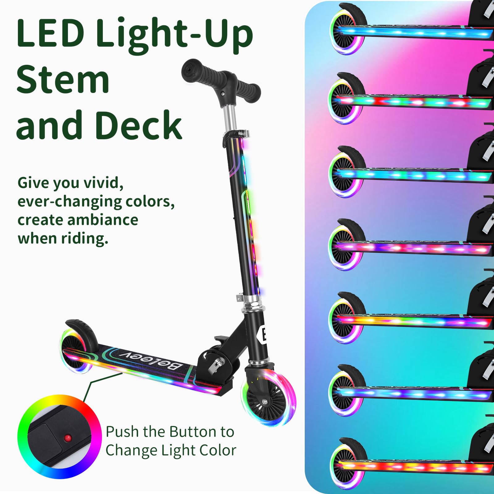 BELEEV V2 Kids Kick Scooter | Light-Up Wheels & Deck | Foldable 2-Wheel