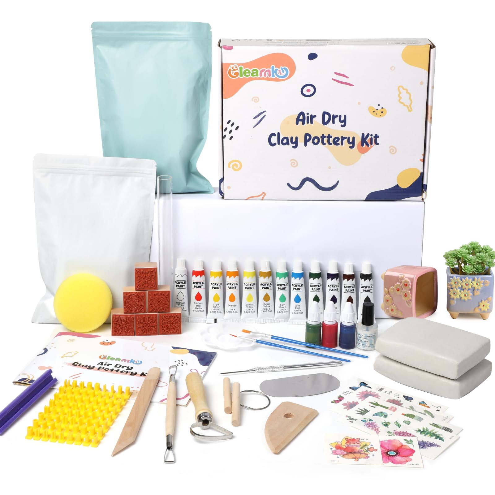 Gleamkid Air Dry Clay Pottery Kit for Adults – 43 Piece DIY Craft Set