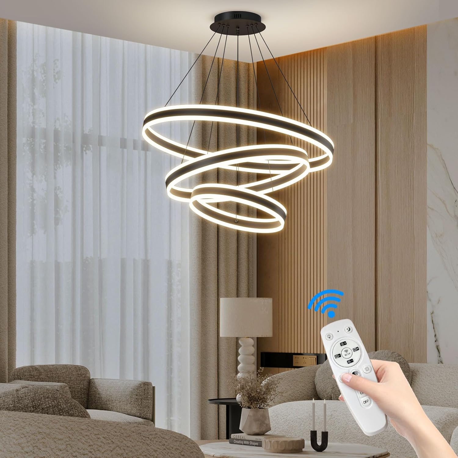 Mikeru 3-Ring LED Pendant Light – Dimmable Modern Chandelier, 20+40+60cm