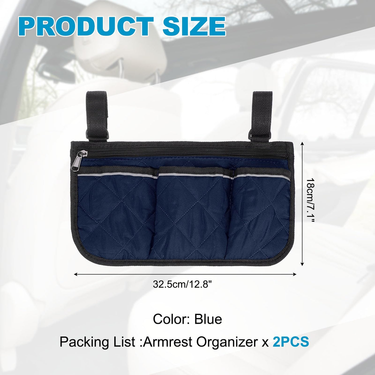 YELARXI Beach Chair Armrest Bag, Beach Side Bag Hanging Storage Organizer with Reflective 4 Pockets Waterproof Pouch 13 x 7" & 2Pcs & Blue - Fit for - image 2