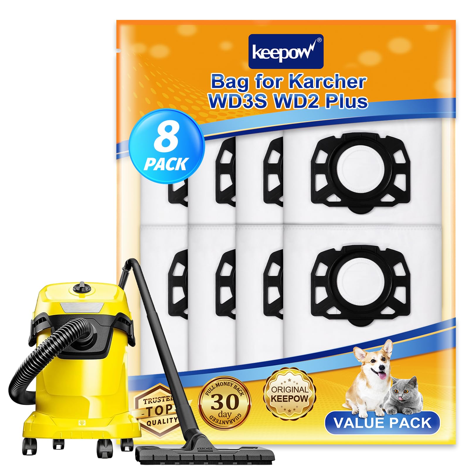 KEEPOW 8pcs Fleece Vacuum Bags for Karcher WD3, KWD 1-3, MV3, SE4001
