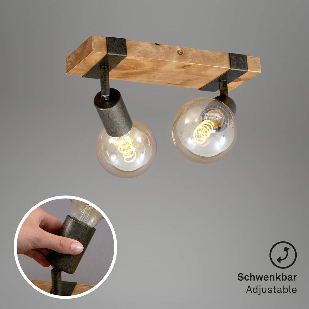 Briloner Vintage Ceiling Light – 2-Spot Retro Spotlight with Wooden Base