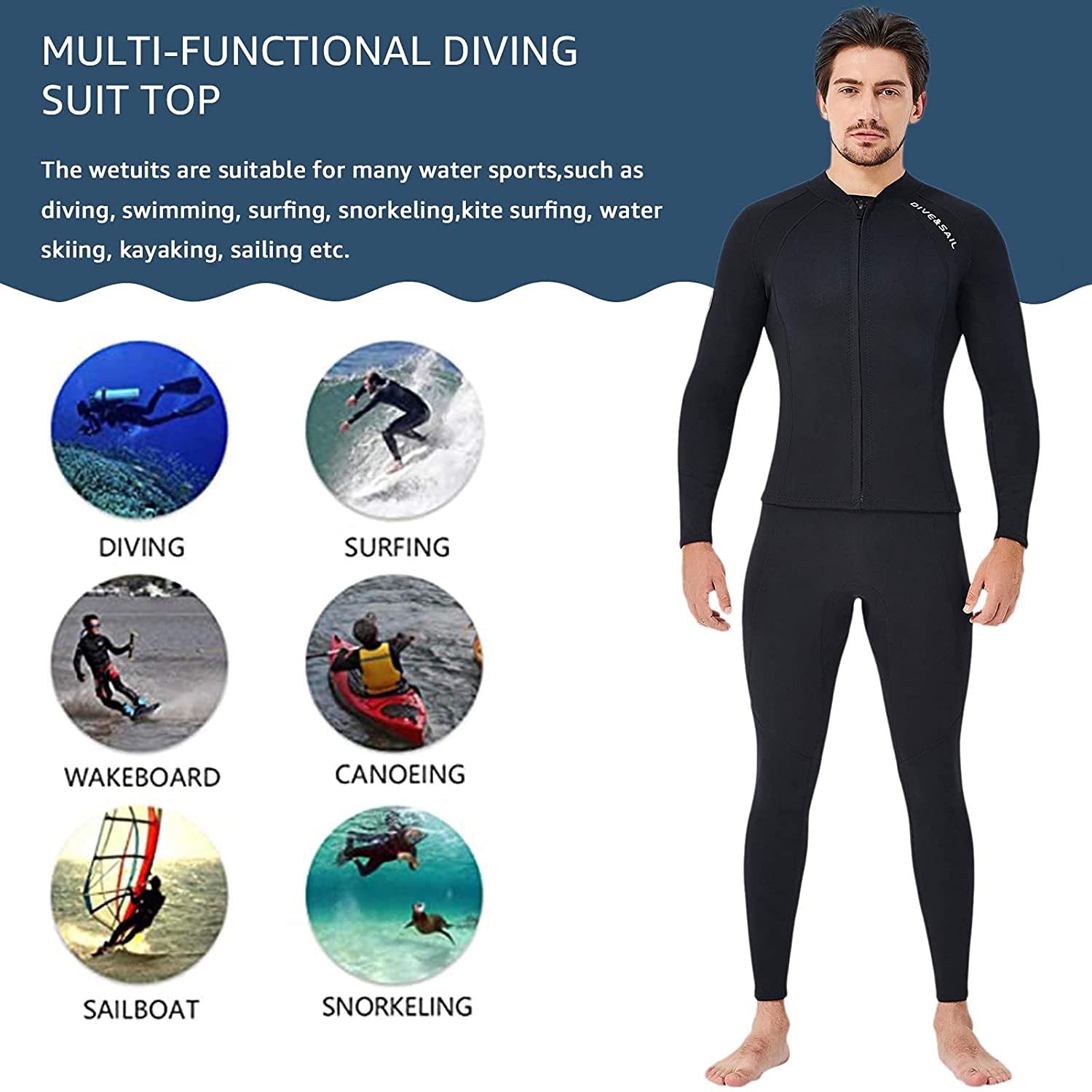 EUPTE 2mm Neoprene Wetsuit Jacket – Men's Long Sleeve Diving Top, 3XL