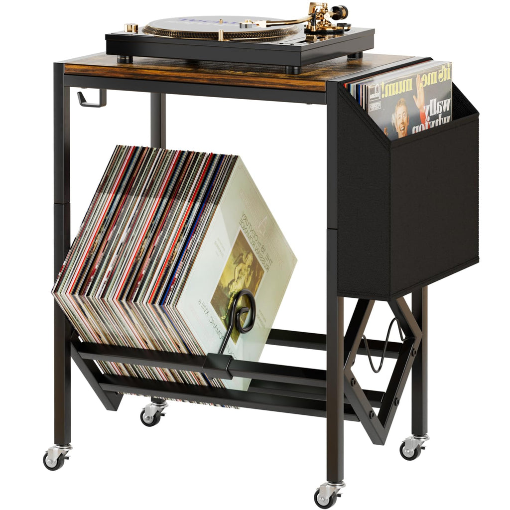 EKNITEY Vinyl Record Player Stand | Turntable Table with Wheels & Storage