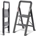 KINGRACK 2 Step Ladder with Handrail | Folding Aluminium Stool - Black