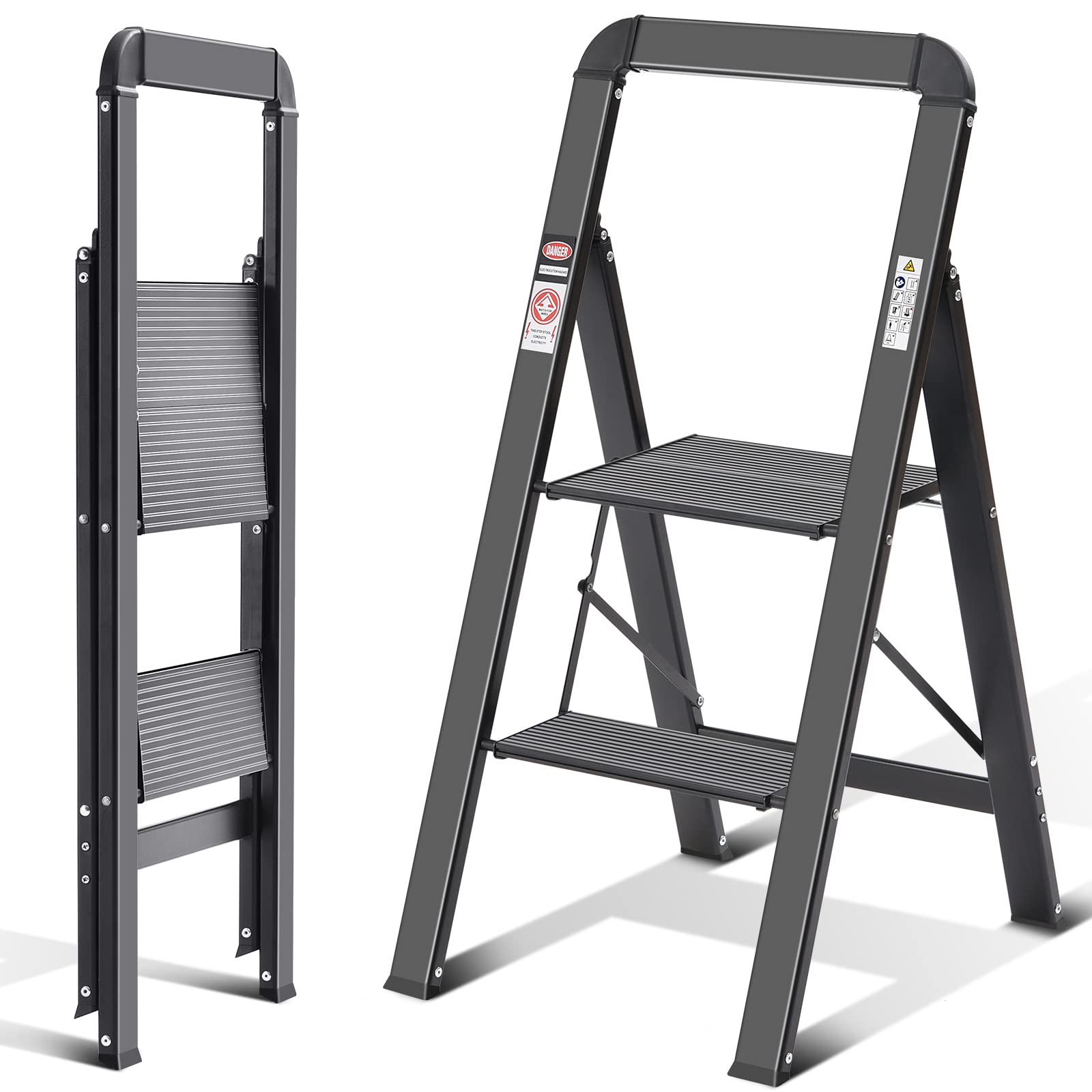 KINGRACK 2 Step Ladder with Handrail | Folding Aluminium Stool - Black