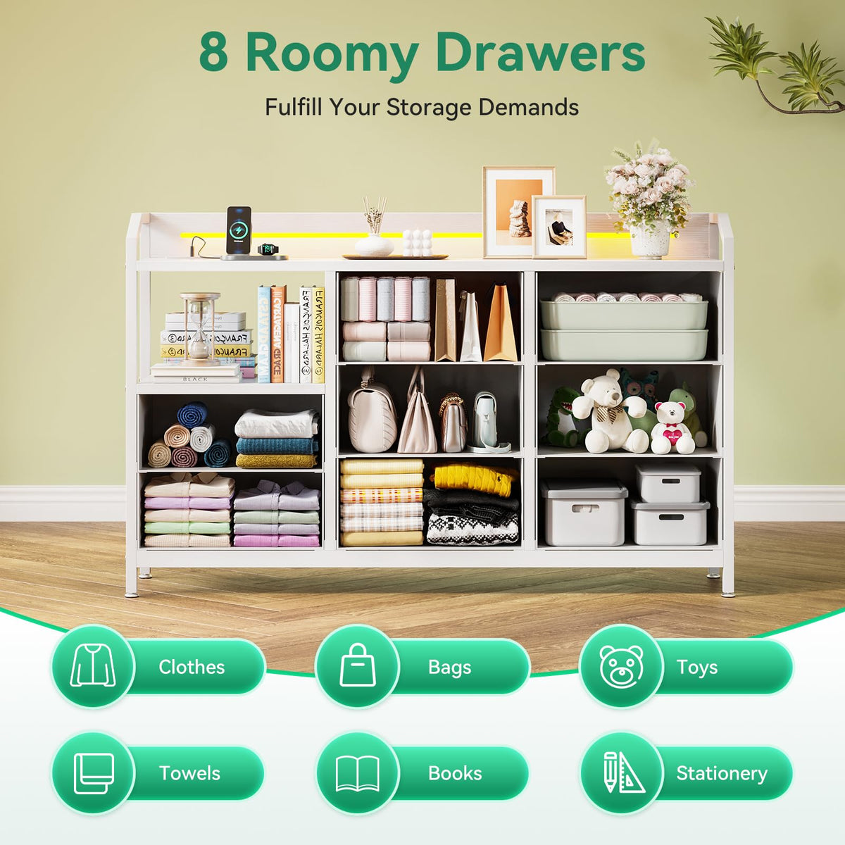 ODK Chest of Drawers Bedroom, 8 Fabric Drawers, 110x30x88cm, White - image 5