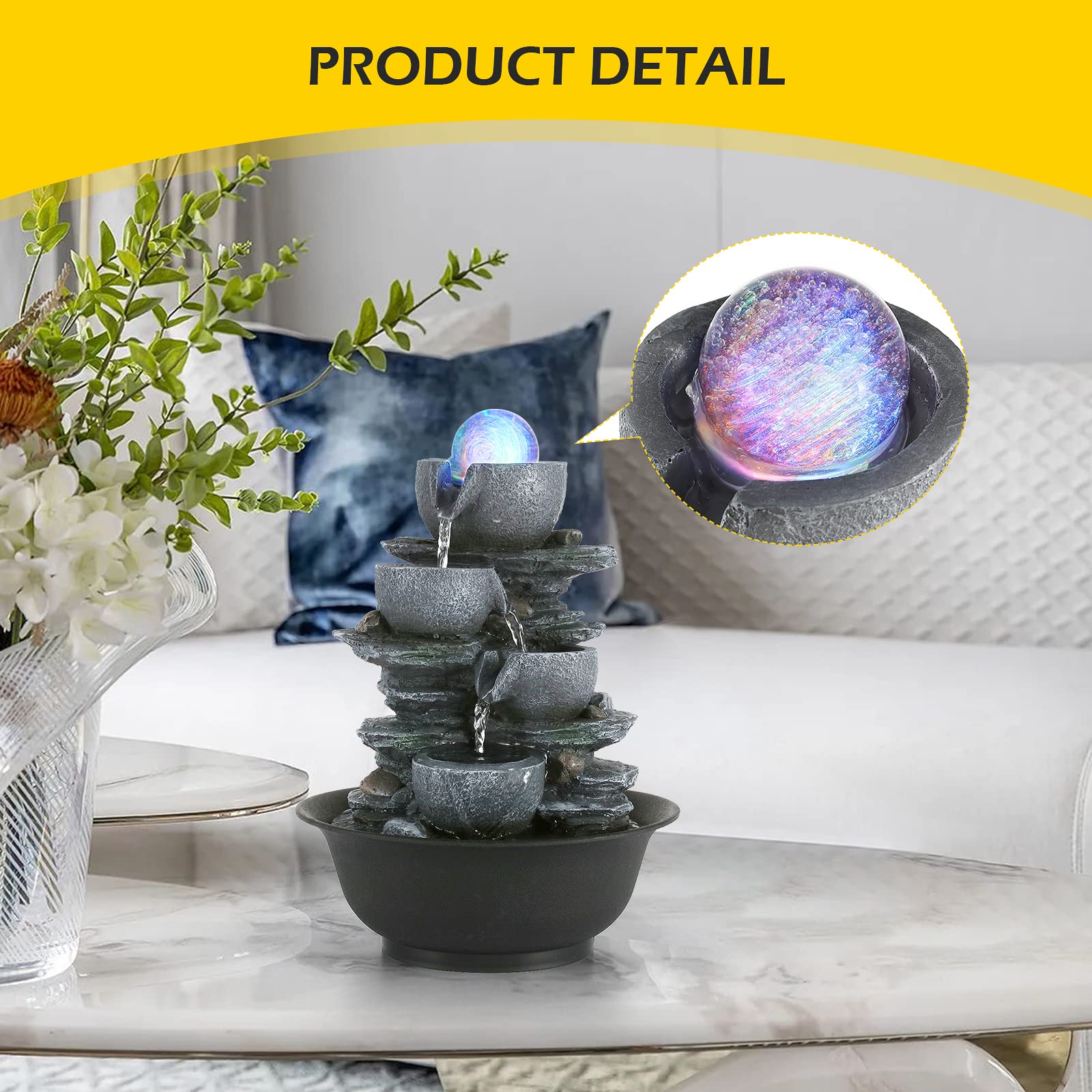 Dyna-Living Tabletop Water Fountain with LED Crystal Ball & Automatic Pump