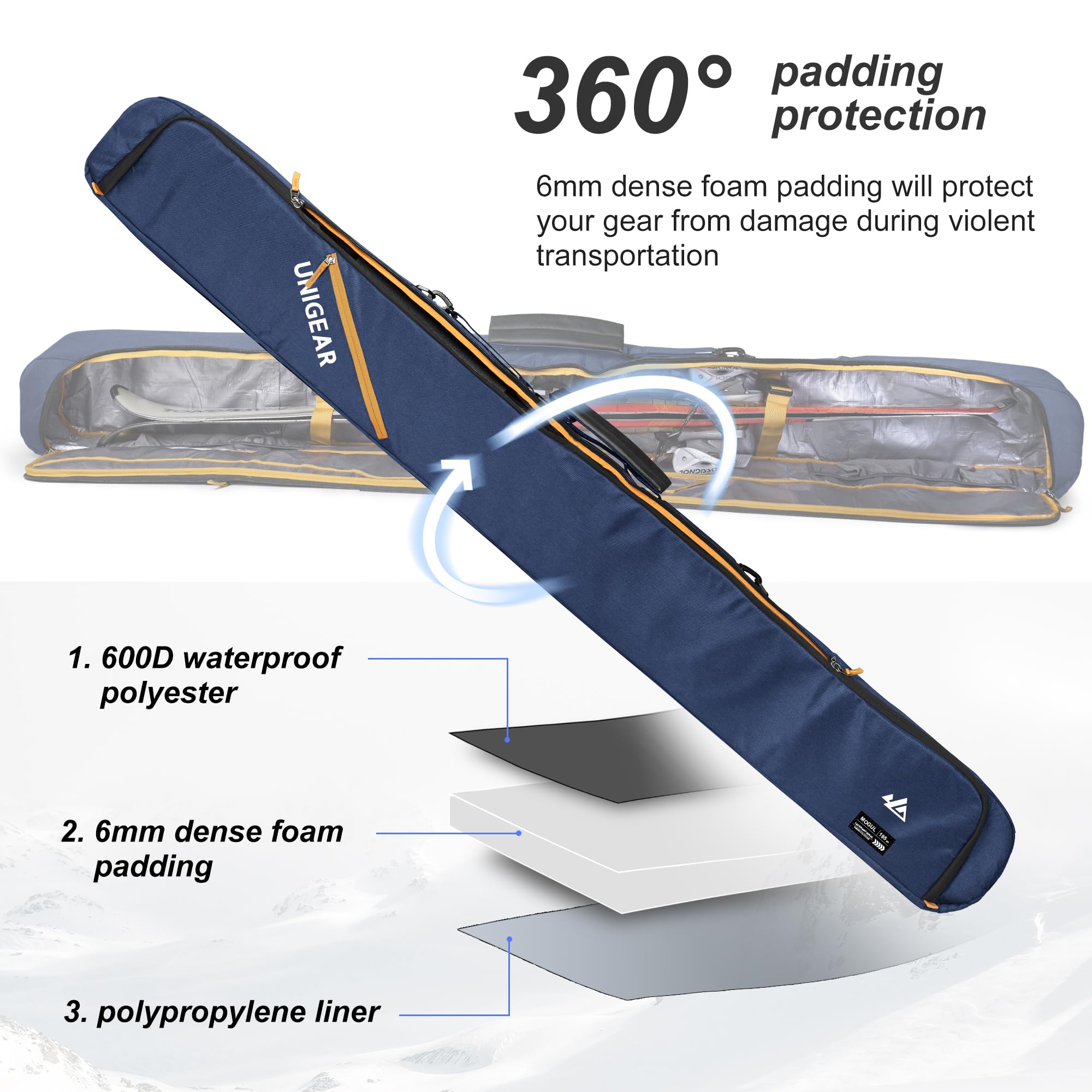 Unigear SKI-Mogul Padded Ski Bag | Water-Resistant Travel Case up to 192cm