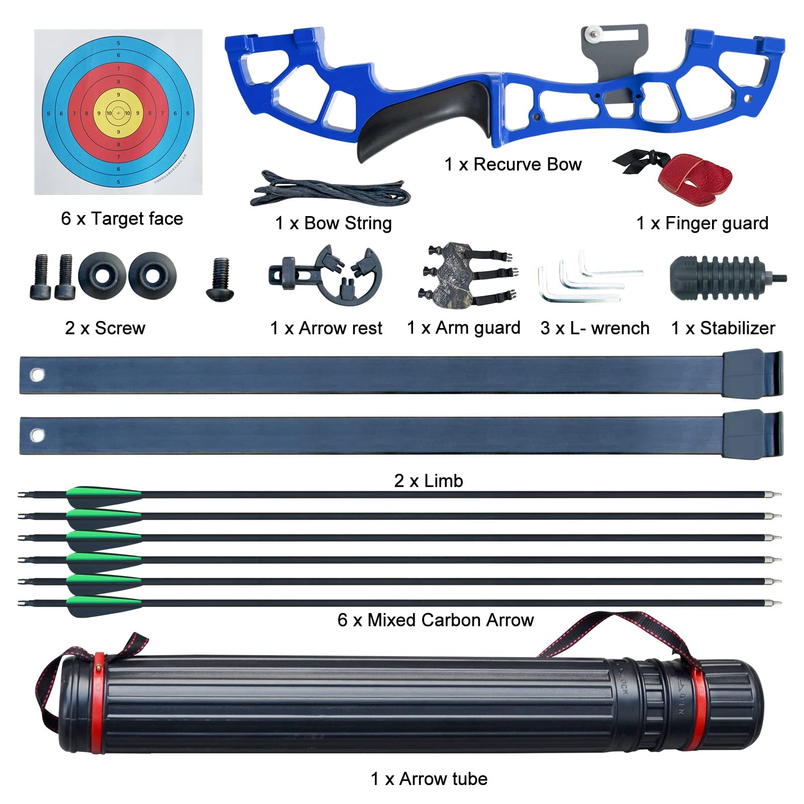 D&Q Takedown Recurve Bow Archery Set with 6 Carbon Arrows - 50"