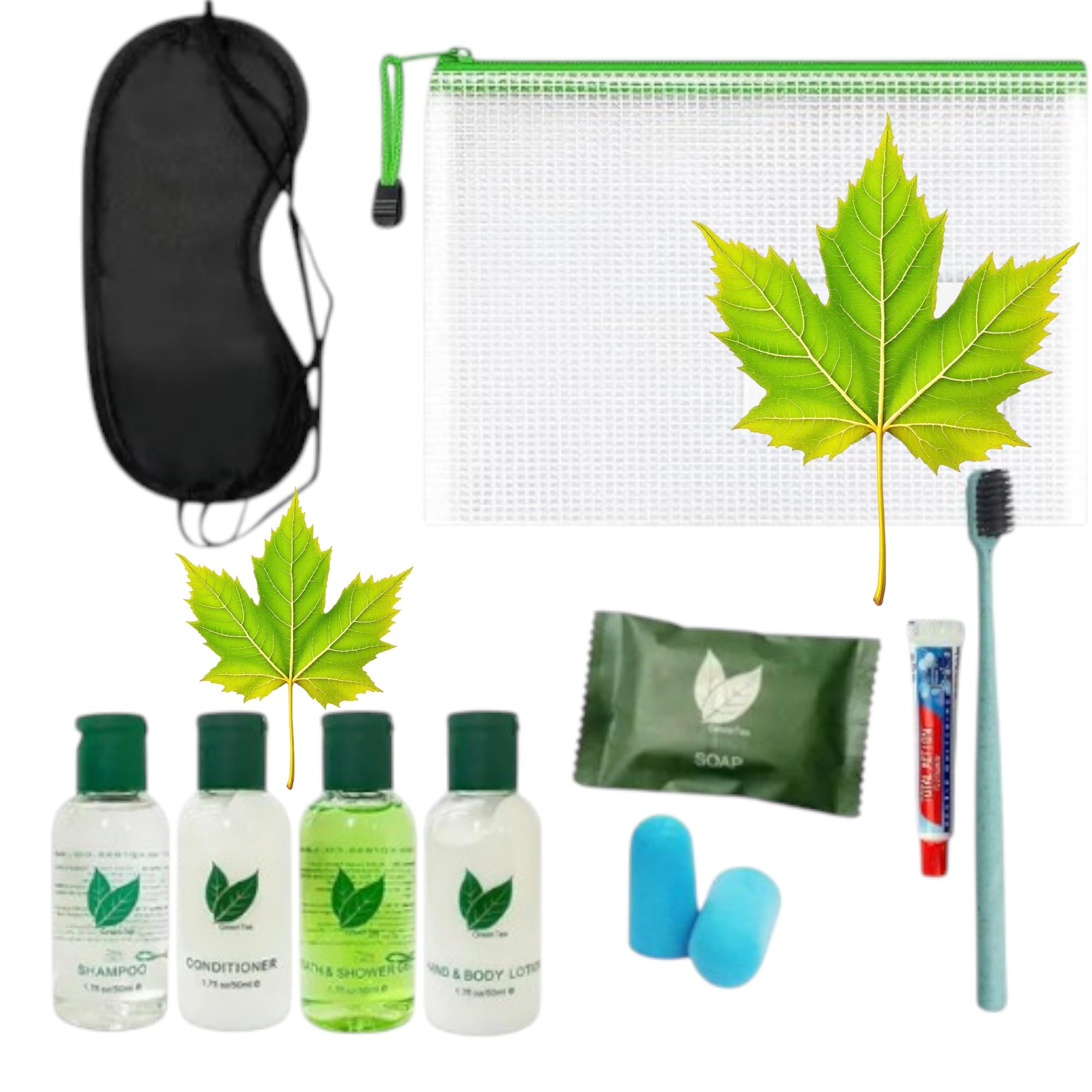 BotiqueBF Green Tea Travel Toiletry Set - 10 Piece Hotel Amenities Kit