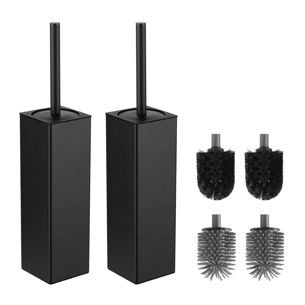 BVL Black Toilet Brush and Holder - 2 Piece Square Aluminum Set with 4 Heads