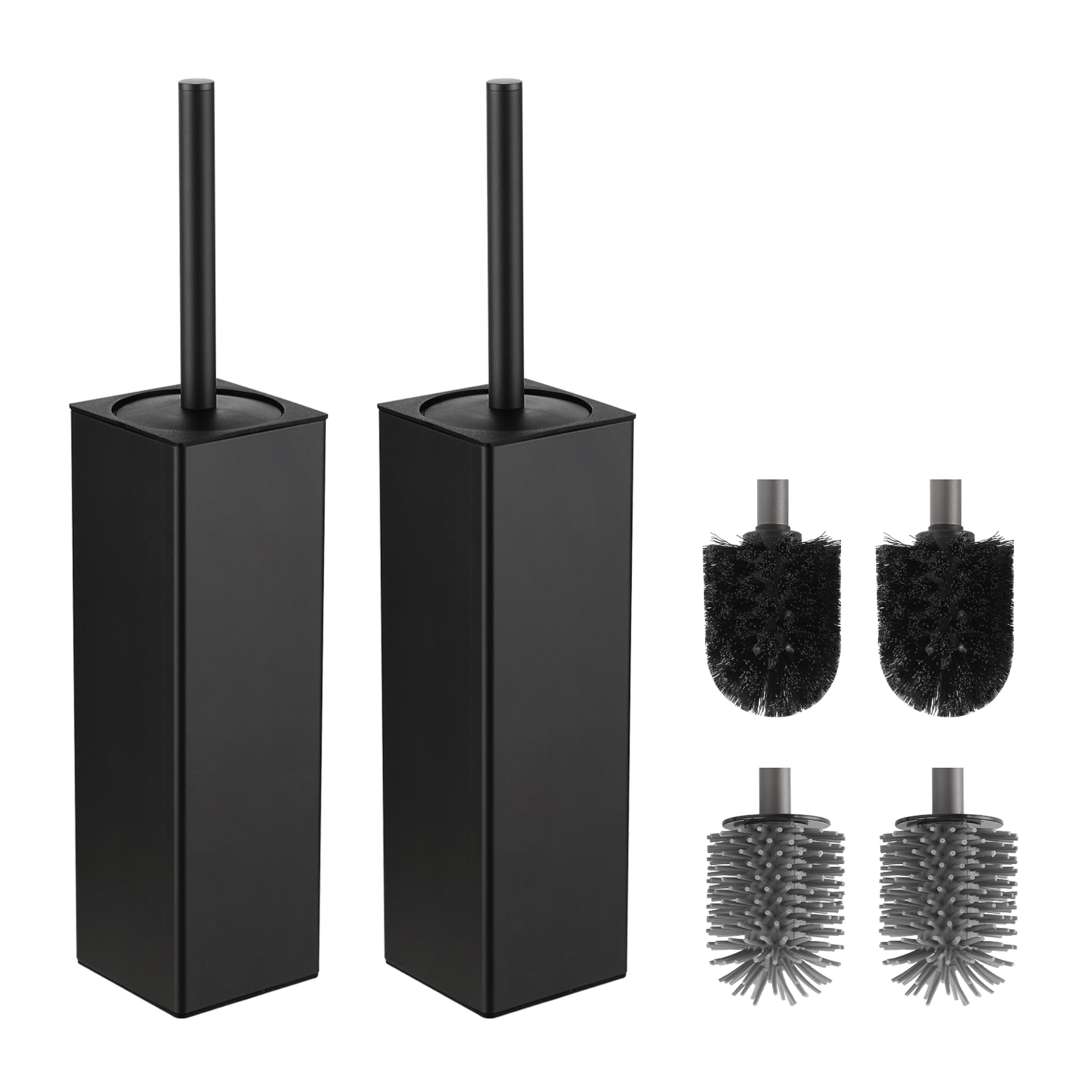 BVL Black Toilet Brush and Holder - 2 Piece Square Aluminum Set with 4 Heads
