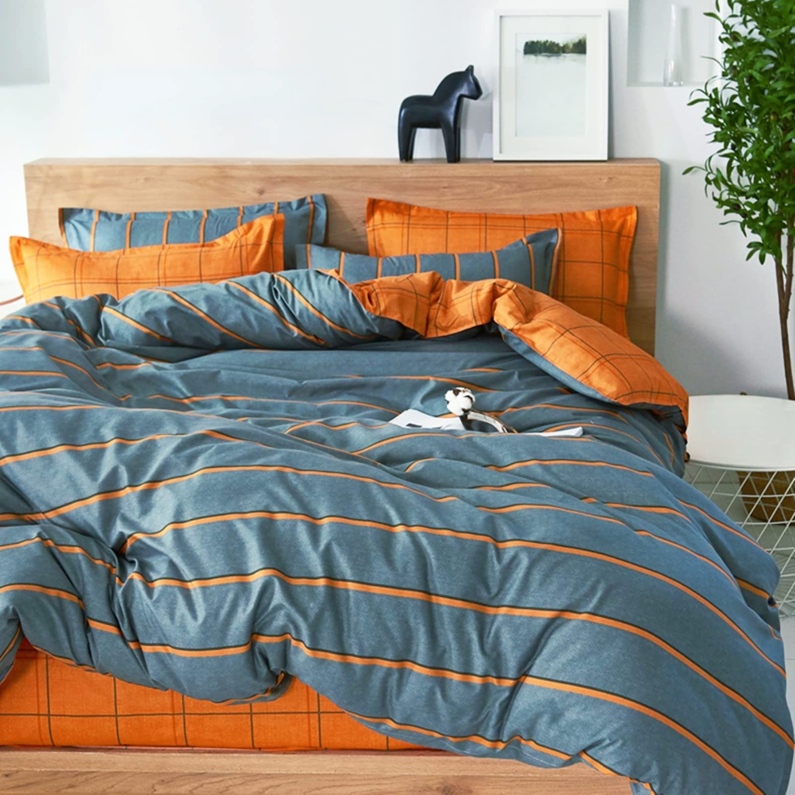 FANSU King Duvet Set | 4-Piece Orange & Grey Microfiber Bedding Set