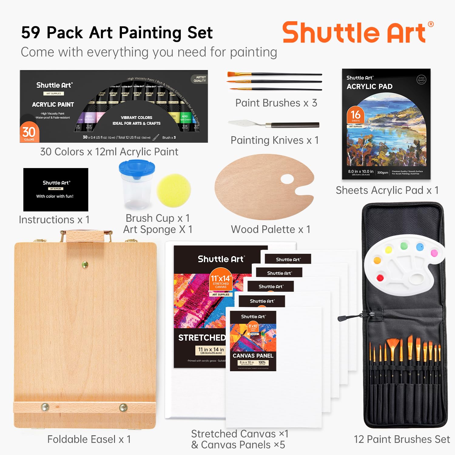 Shuttle Art 59 Pack Acrylic Painting Set with Tabletop Easel and Canvas
