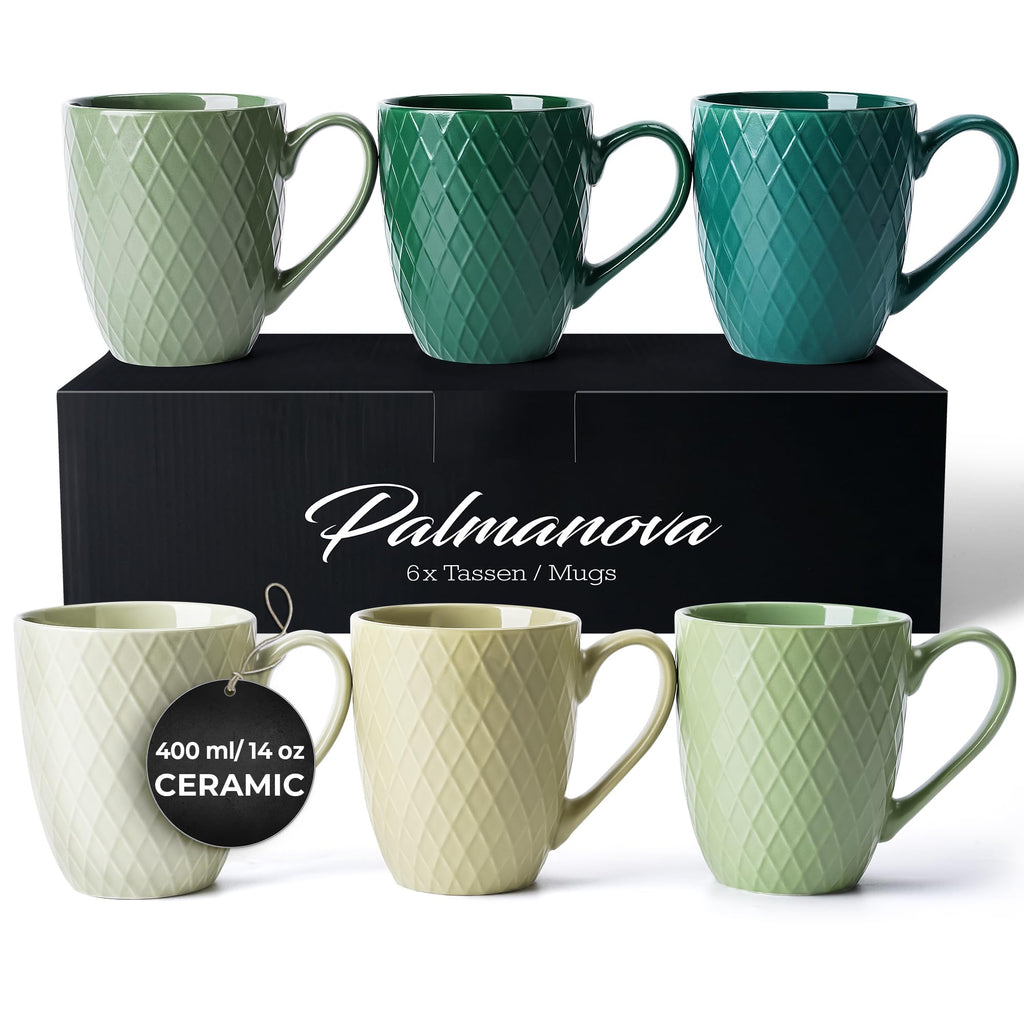 MIAMIO 6-Piece Ceramic Coffee Mug Set - 400ml Matte Stoneware - Green