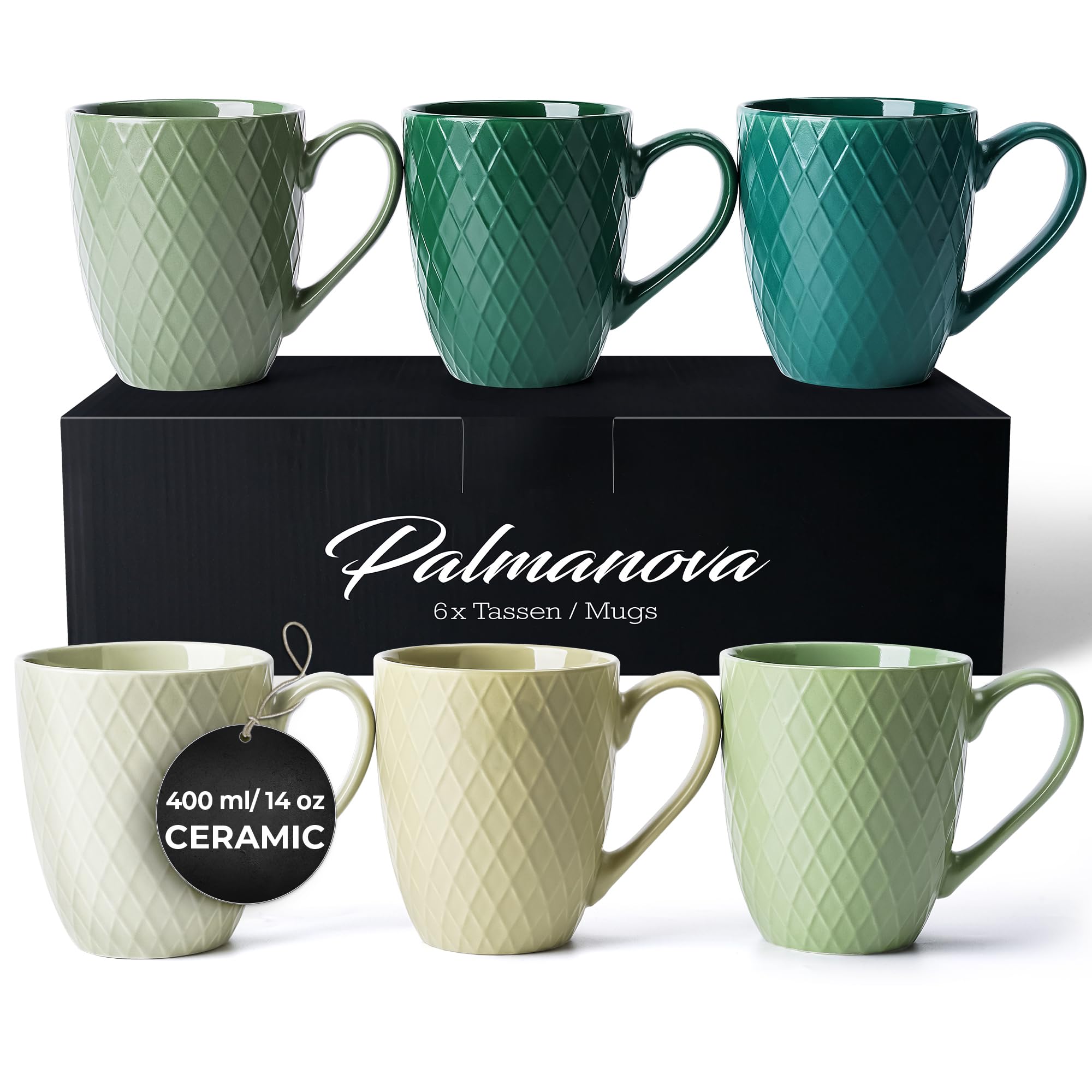 MIAMIO 6-Piece Ceramic Coffee Mug Set - 400ml Matte Stoneware - Green