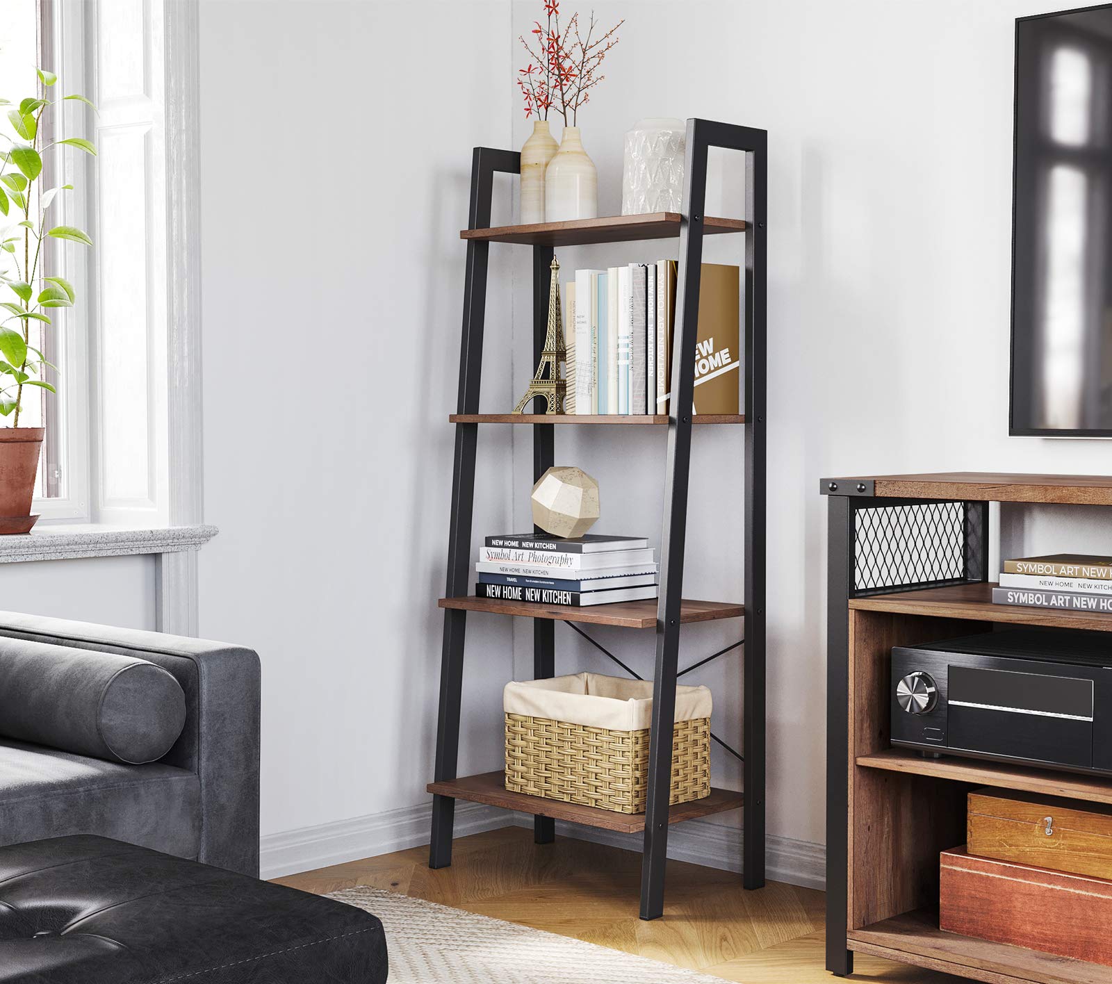 VASAGLE 4-Tier Ladder Shelf – Industrial Steel Bookcase, Hazelnut Brown