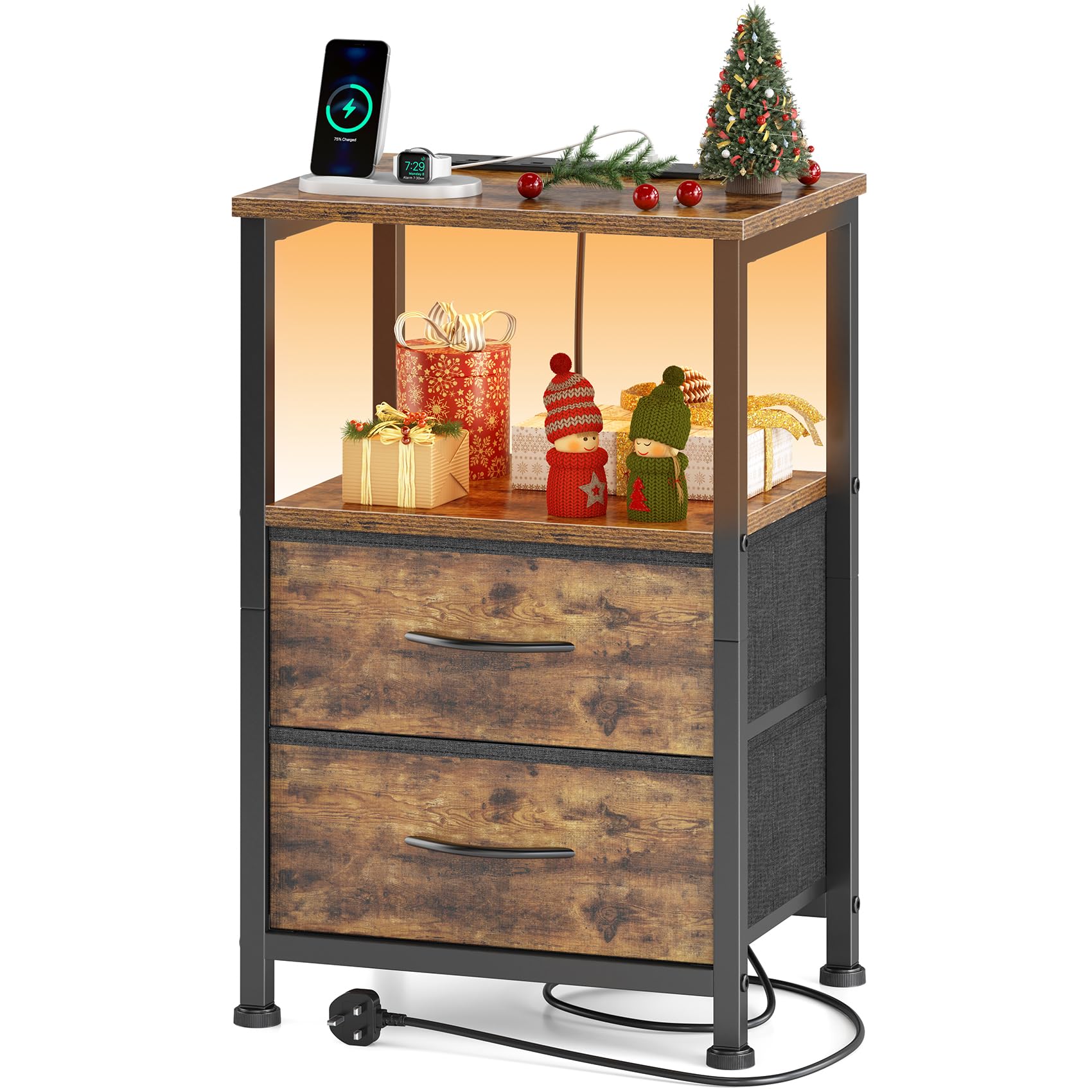 Yornoli Bedside Table with Charging Station and LED Lights | 2 Drawers