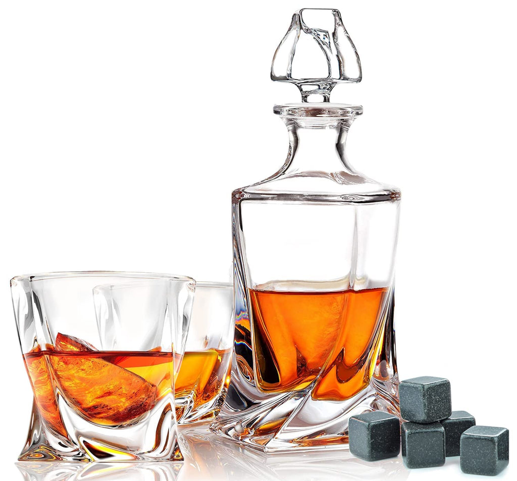 FLOW Barware Twist Whiskey Decanter Set - 2 Glasses & 6 Granite Stones