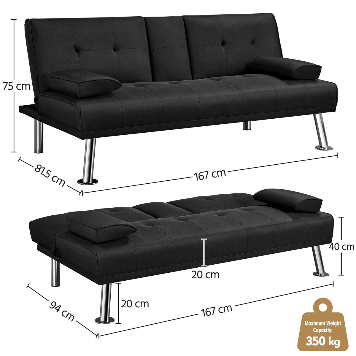 Yaheetech Black 3-in-1 Convertible Sofa Bed with Cup Holder Adjustable Back - image 4