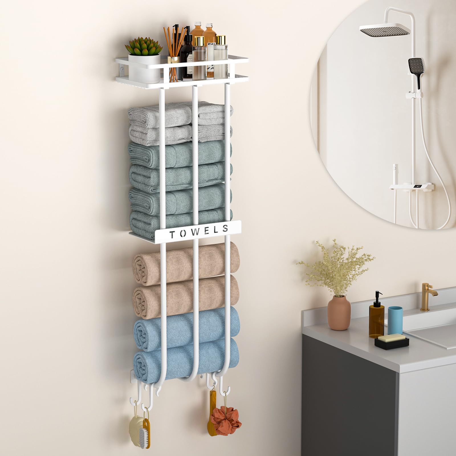 ZDDLOINP Wall Mounted Towel Rack with Metal Shelf and 4 Hooks – White