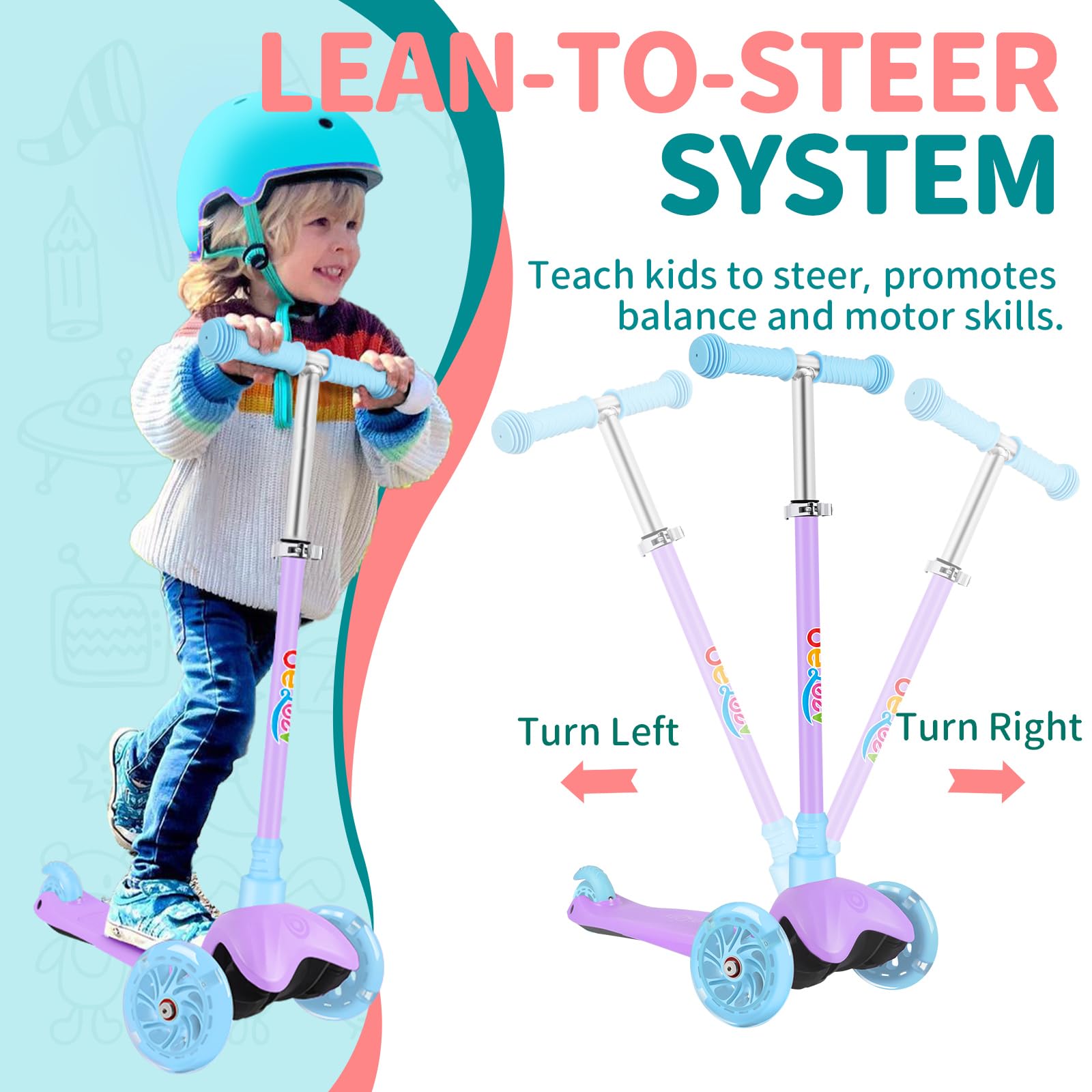 BELEEV 3 Wheel Scooter for Kids Ages 2-6 | Light-Up Wheels & Adjustable Height