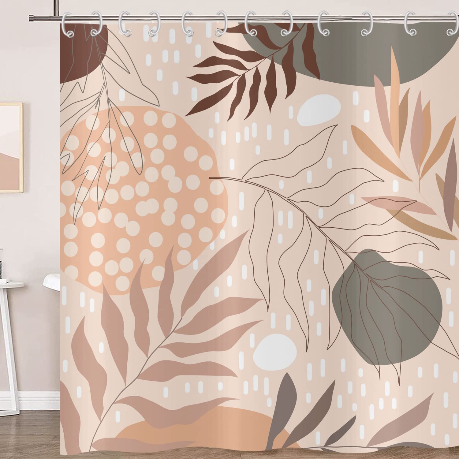 Hnmdmyi Boho Shower Curtain | Abstract Leaves Beige Waterproof Polyester