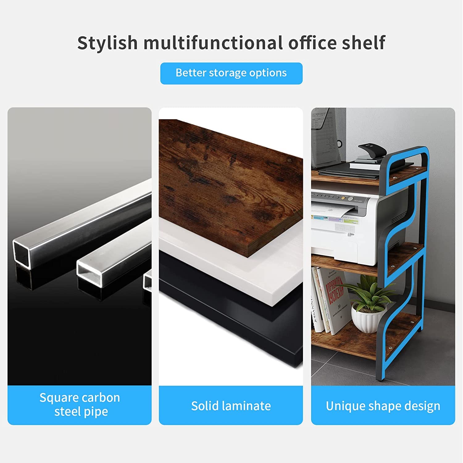 PUNCIA 3-Tier Printer Stand with Storage | Mobile Office Cart on Wheels