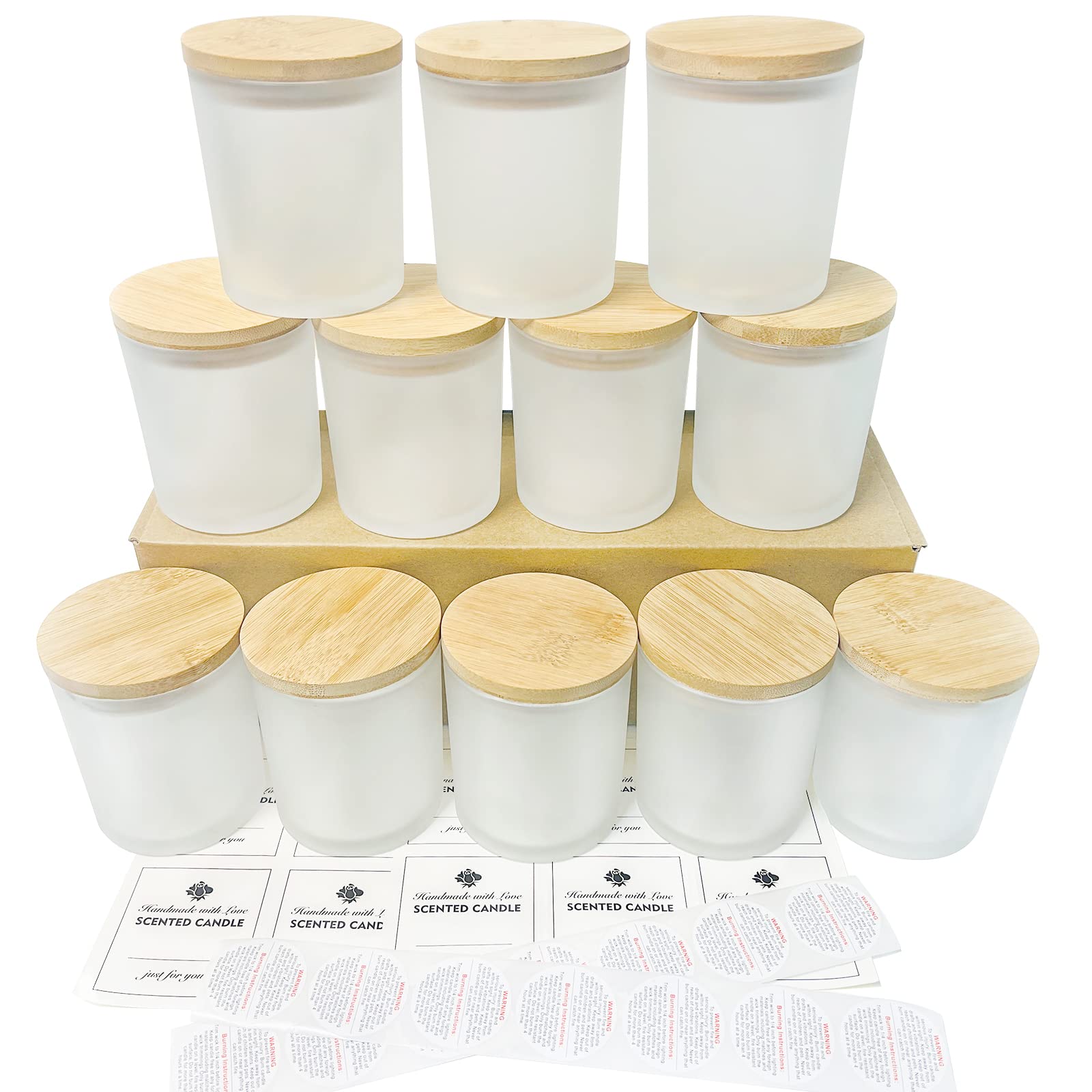 CONNOO 10 oz Frosted Glass Candle Jars with Bamboo Lids - 12 Pack Bulk