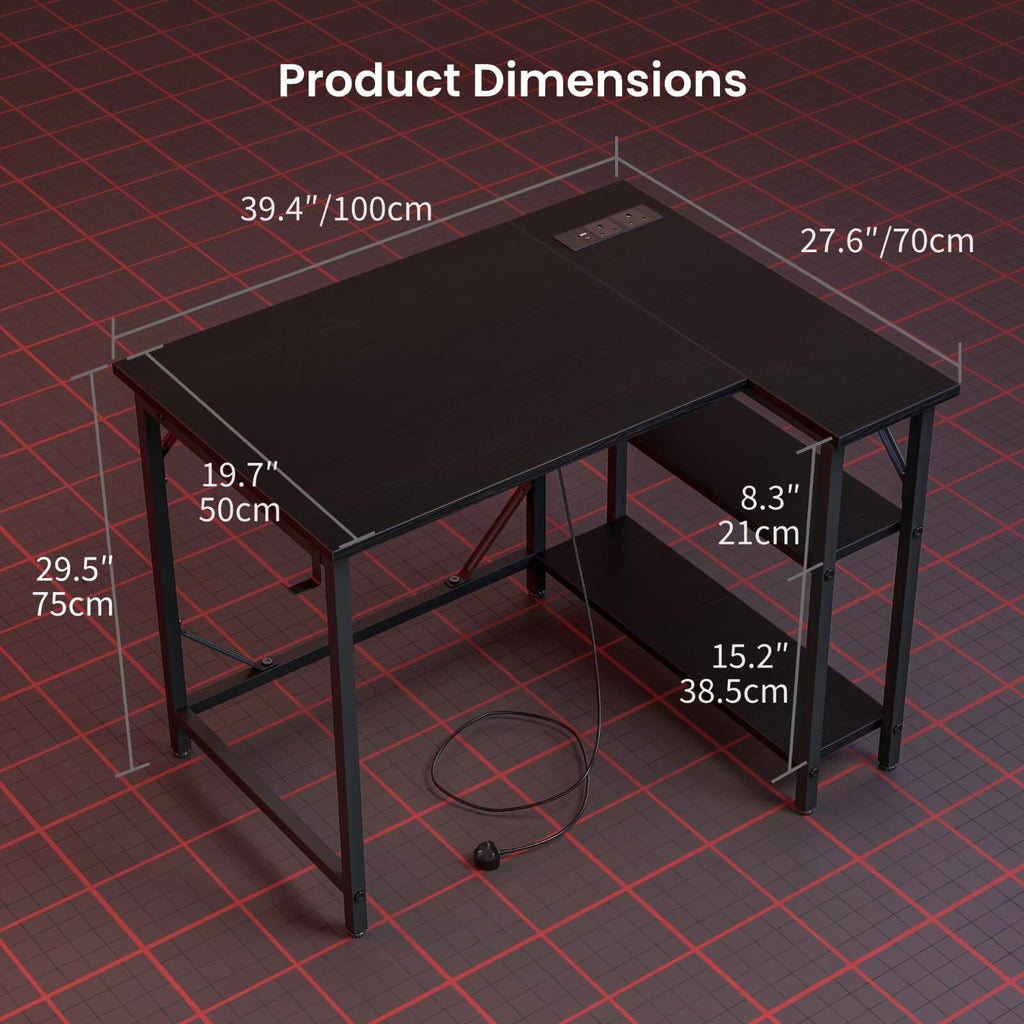 Domshoct L-Shaped Gaming Desk with Power Outlets & Reversible Shelves