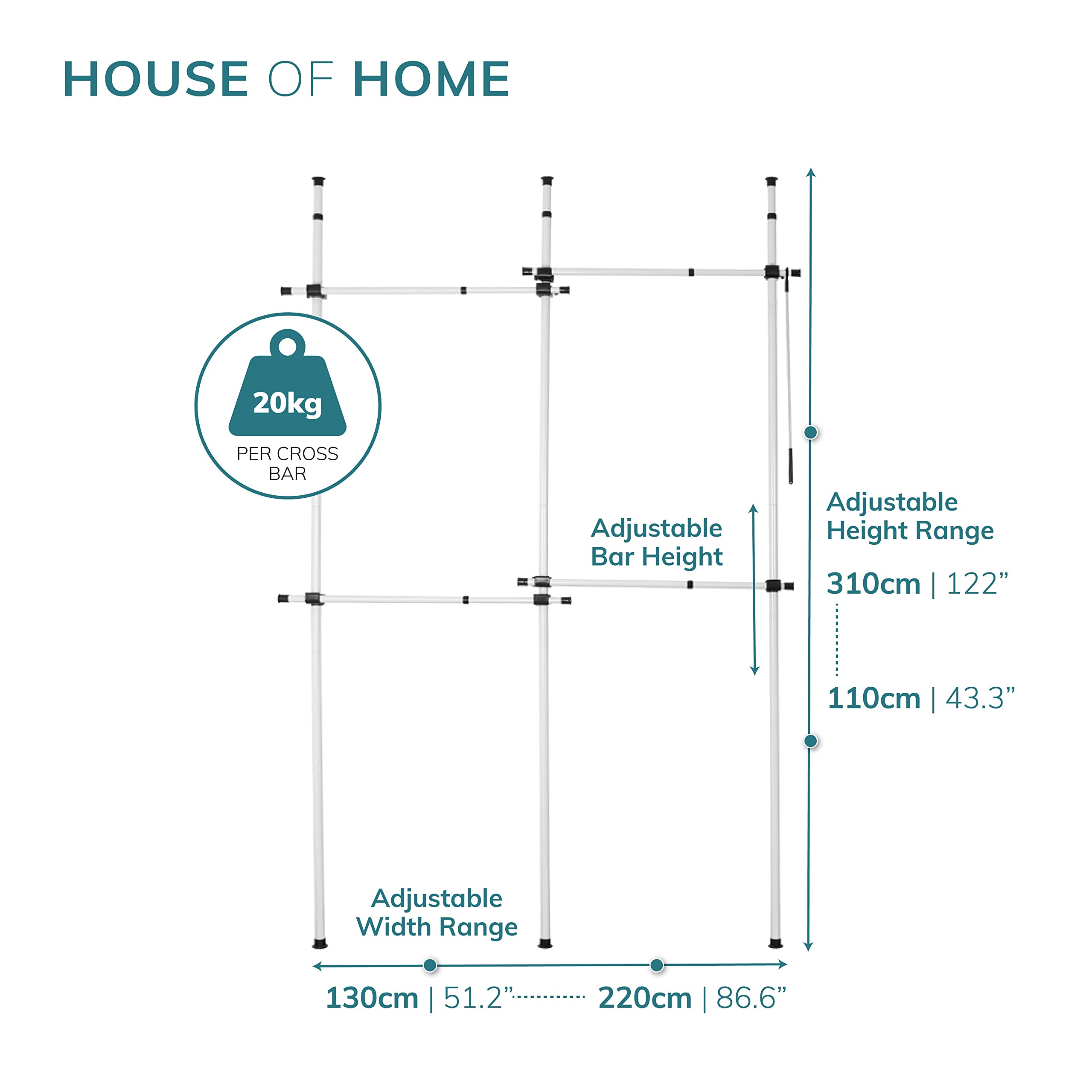 House of Home Heavy Duty Double Telescopic Clothes Rail - Adjustable Rack