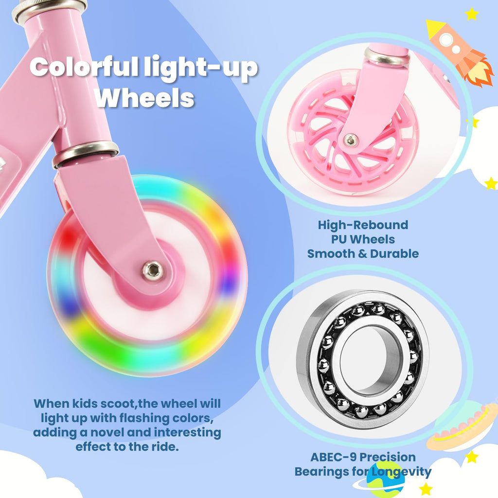 Tenboom Kids Kick Scooter – Pink Flame LED Wheels & Foldable Design