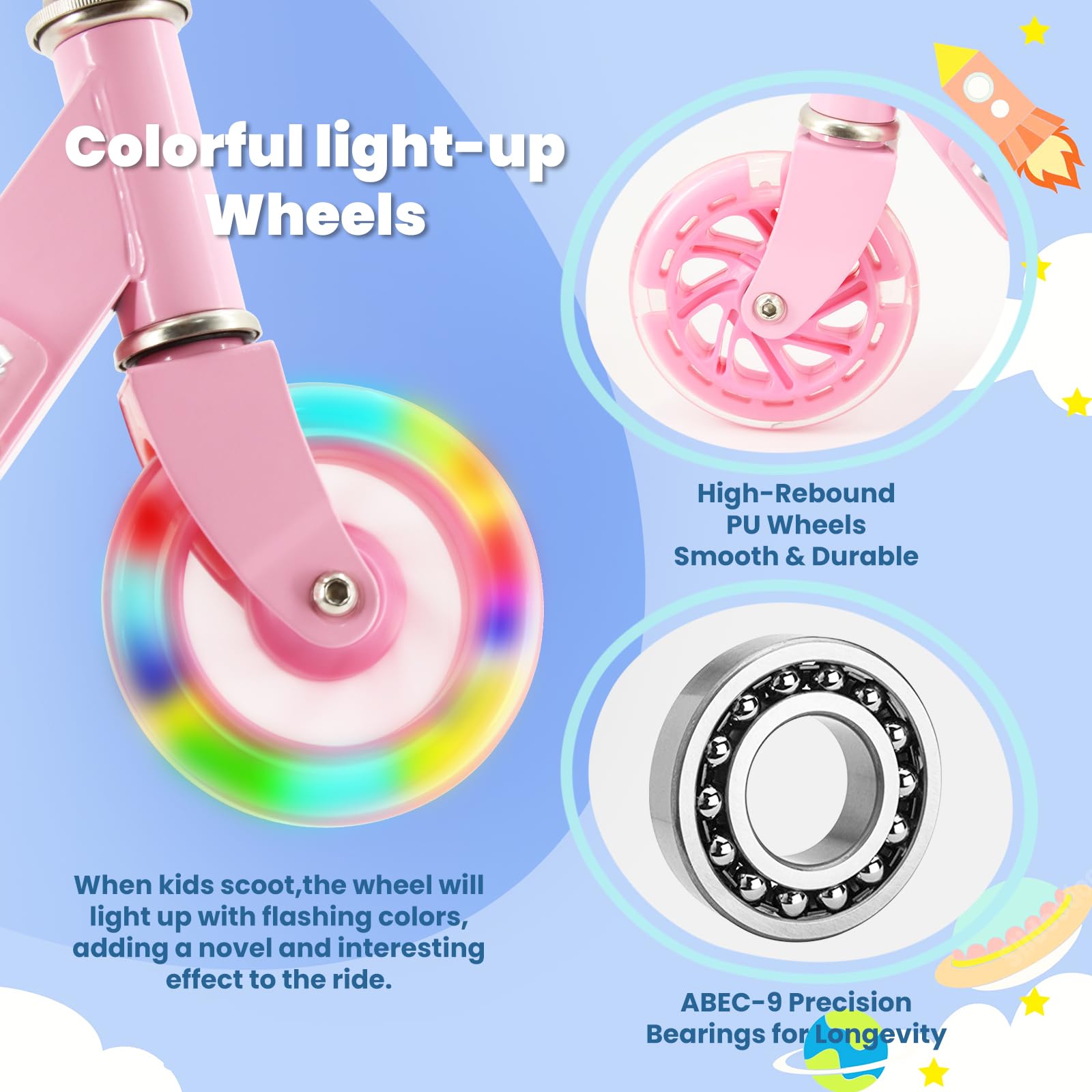 Tenboom Kids Kick Scooter – Pink Flame LED Wheels & Foldable Design
