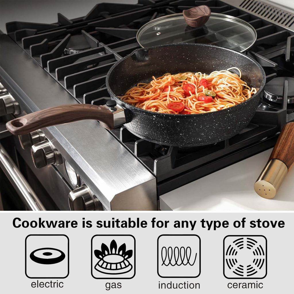 Kordisen 28cm Nonstick Deep Frying Pan with Lid | Granite Saute Skillet