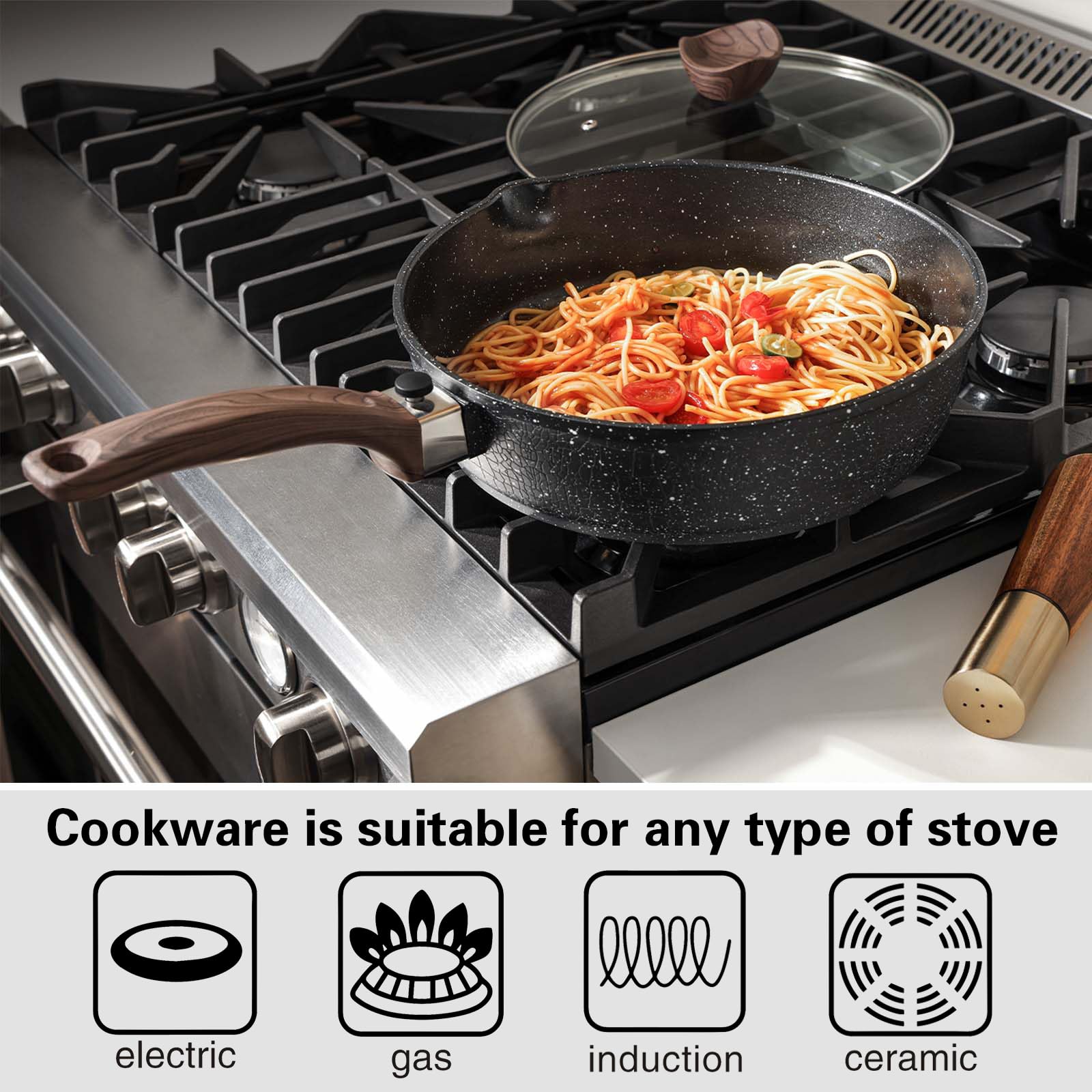 Kordisen 28cm Nonstick Deep Frying Pan with Lid | Granite Saute Skillet
